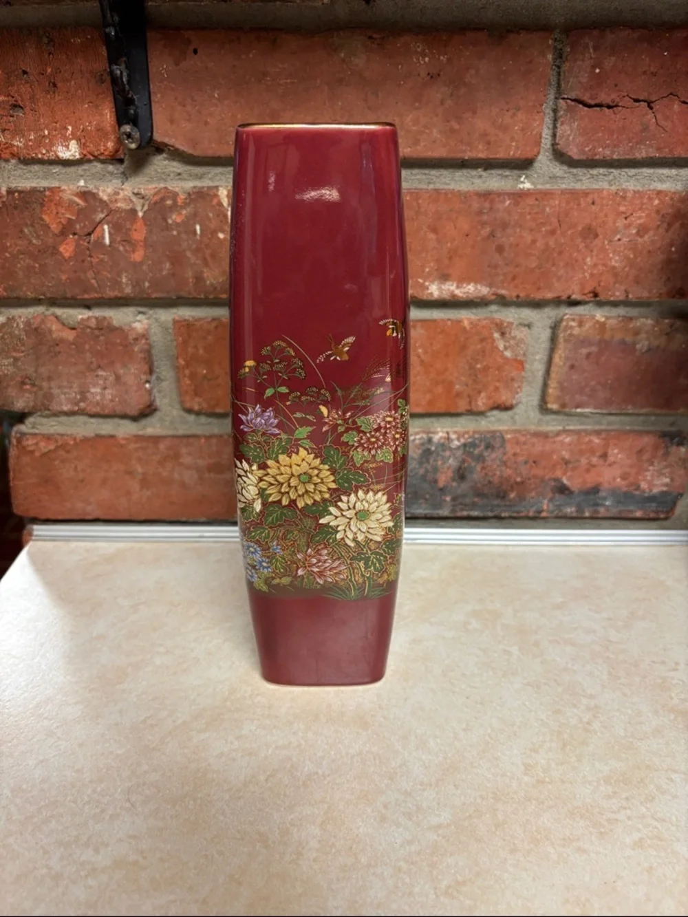 Made In Japan MCI Gilded Vase Burgundy With  Flowers/Birds/Butterflies
